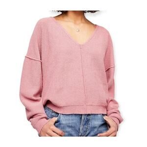 Free People “Take Me Places” Pink Knit V-Neck Sweater M – Oversized Soft Girl
